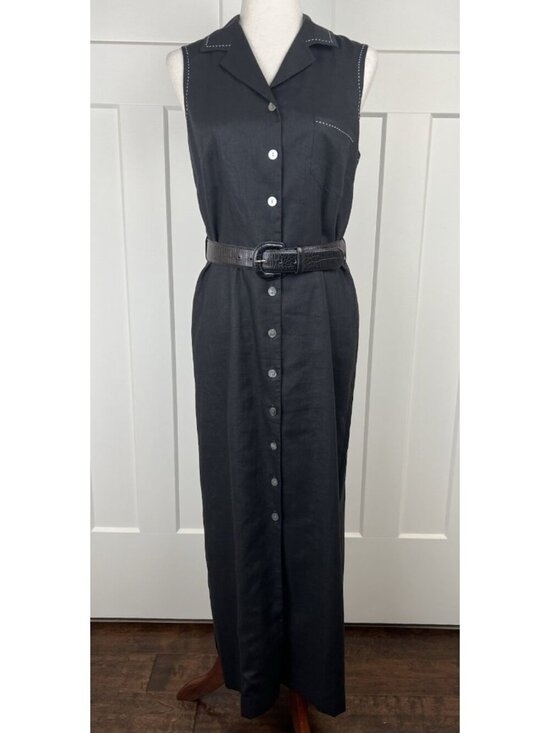 Harold's Dresses & Skirts - Vintage Harold’s Linen Shirt Dress Black Ivory Stitch Belted Midi Size 6 Sleek